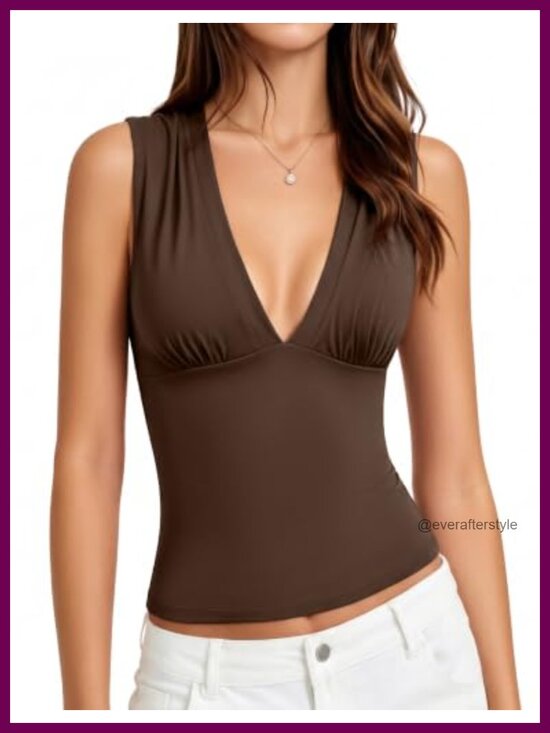 Tops - Women's Deep V Neck Ruched Tank Top Double Lined Slim Fit Sleeveless Summer Top